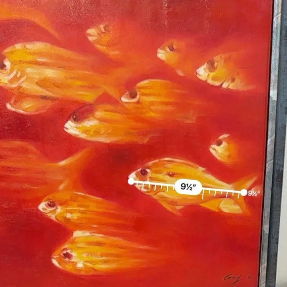 🆕 “Golden Harmony” School of Fish Original – 25.5”x26.5” Framed Oil on Canvas - Picture 12 of 16